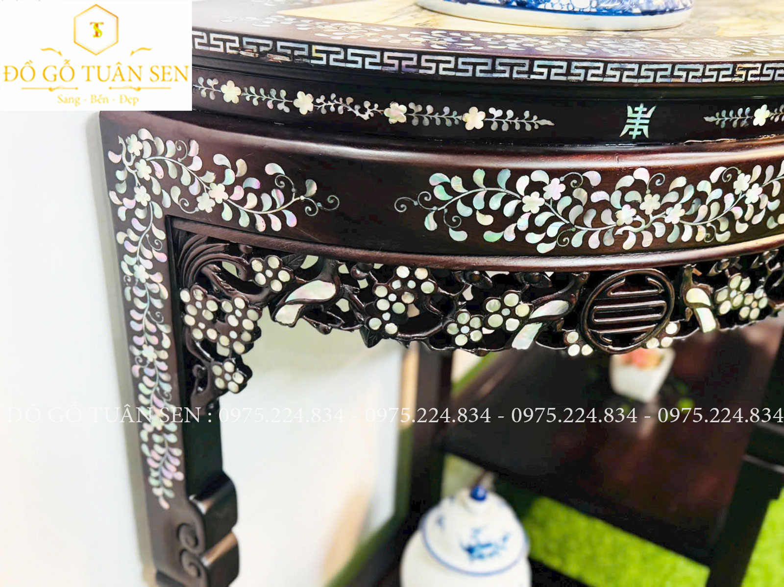 Hình ảnh kích thước chi tiết bàn bán nguyệt gỗ gụ 